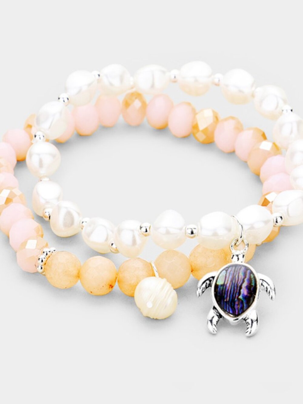 2-Piece Freshwater Pearl and Abalone Sea Turtle Charm Stretch Bracelet Set